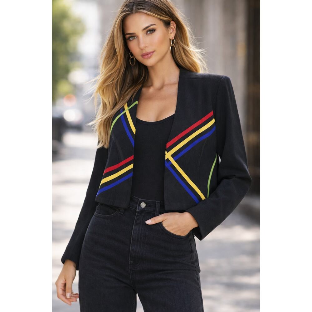 Vintage Marshall Rousso Blazer 10 Medium Black Cropped Open Abstract Made in USA